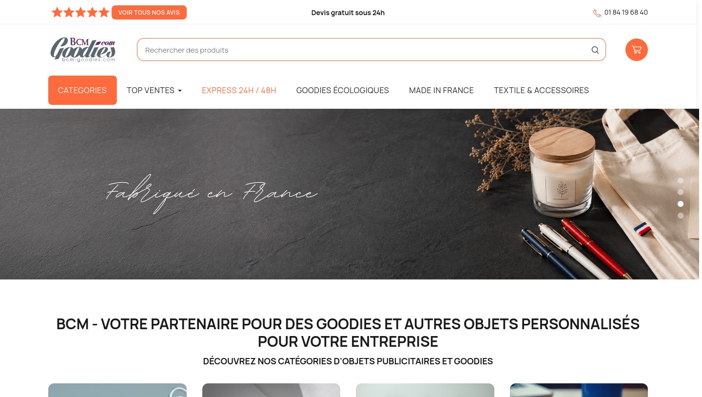 Capture de la page d'accueil BCM Goodies, objets personnalisés pour les entreprises