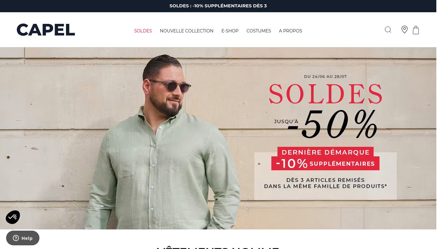 Capture de la page d'accueil CapelStore, vêtements grande taille pour homme