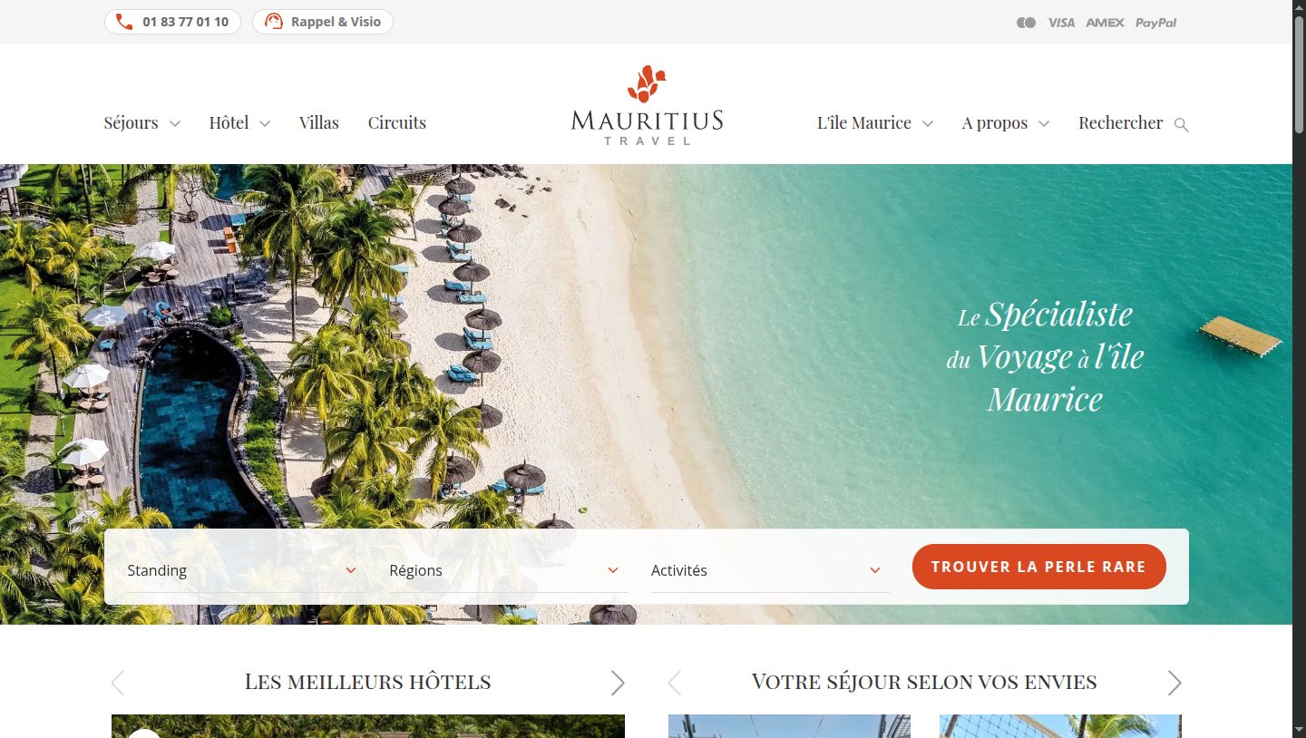 Capture de la page d'accueil Mauritius Travel, spécialiste des voyages à l'île Maurice