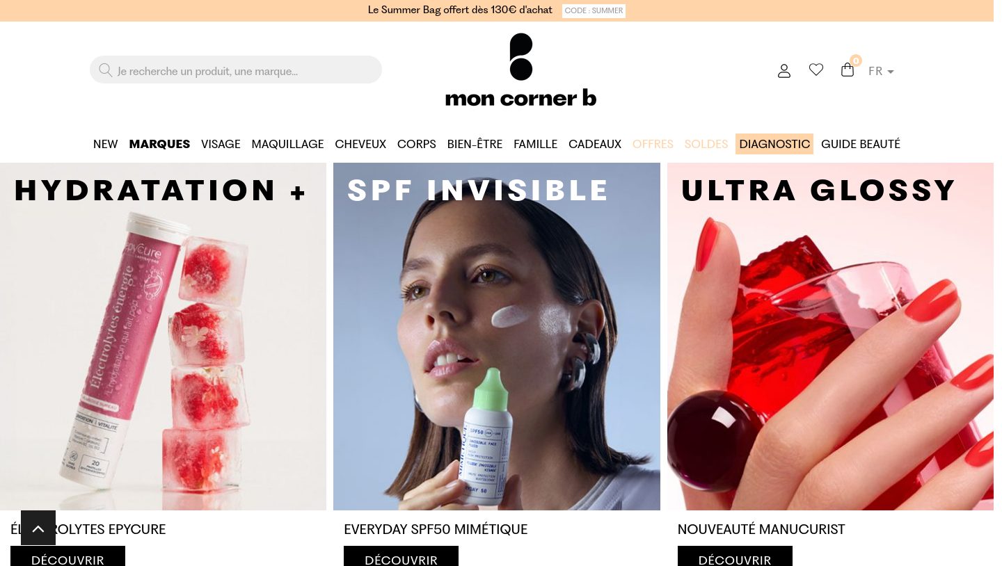 Capture de la page d'accueil MonCornerB, boutique de beauté naturelle
